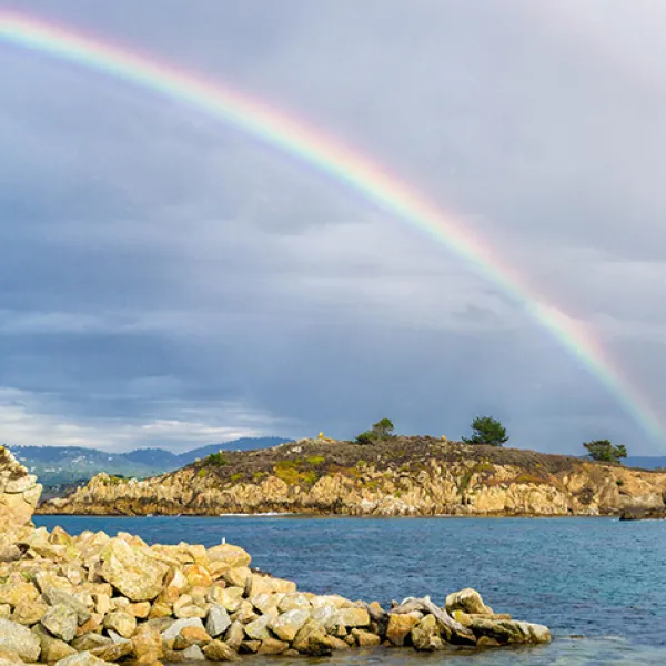 A bright rainbow arcs across a cloudy sky above the rocky coastal shore at Whaler's Cove in Point Lobos State Natural Reserve, with turquoise water and sunlit stone outcrops in the foreground.